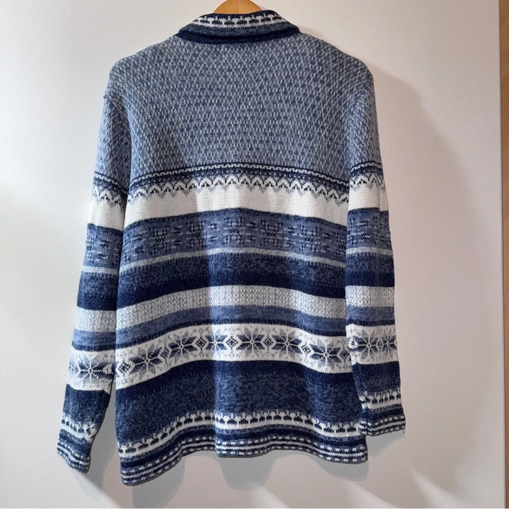 Vintage Fair Isle Full Zip Cardigan Sweater Snowflake Beaded Blue Ramie Medium